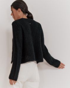 A modern and feminine take on the timeless crewneck sweater, knitted in an airy and lofty cable knit pattern from a soft blend of baby alpaca and virgin wool. Cable Knit Pattern, Knit Pattern, Baby Alpaca, Alpaca Wool, Crewneck Sweater, Knit Patterns, Black Sweaters, Crew Neck Sweater, Cable Knit