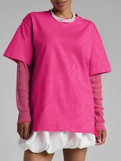 False Two Loose See-Through Split-Joint Sun Protection Round-Neck T-Shirts Spring Solid Color Crew Neck T-shirt, Spring Crew Neck Solid Color T-shirt, Oversized Pink Plain Tops, Trendy Solid Color T-shirt With Shirttail Hem, Pink Short Sleeve Solid Color Top, Trendy Pink Solid Color T-shirt, Trendy Pink T-shirt Solid Color, Pink Solid Color Crew Neck Top, Pink Crew Neck Top