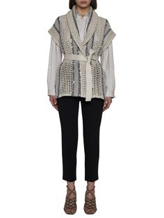 55% Jute, 35% Cotton, 10% Polyamide Sequins: 100% Polyester 2 yarn: 54% Polyamide, 23% Cotton, 23% Polyester 3 yarn: 70% Linen, 30% Silk Spring Workwear Cardigan With Shawl Collar, Spring Workwear Shawl Collar Cardigan, Spring Shawl Collar Cardigan For Work, Luxury Spring Cardigan, Luxury Spring Sweater For Workwear, Luxury Spring Cardigan For Workwear, Luxury Spring Cardigan For Work, Elegant Knit Outerwear For Spring, Chunky Knit Vest