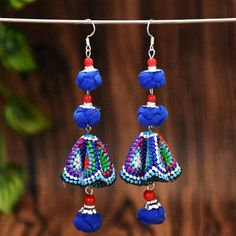 New handmade women's earrings ethnic style original Joker fabric colored ball embroidered earrings Bohemian Handwork Jewelry, Traditional Blue Earrings For Summer, Traditional Drop Earrings For Summer, Handmade Traditional Beaded Earrings For Summer, Traditional Handmade Beaded Earrings For Summer, Handmade Traditional Flower Earrings For Festivals, Traditional Handmade Summer Earrings, Traditional Handmade Flower Earrings For Festivals, Traditional Multicolor Summer Earrings