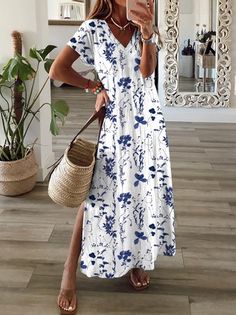 Floral V Neck Short Sleeve Casual Dress Side Split Maxi Dress, Plus Size Elegant Dresses, Womens Boho Dresses, Short Maxi Dress, Split Hem Dress, Spring Maxi Dress, Fitted Maxi Dress, Dresses Modest, Womens Shift Dresses