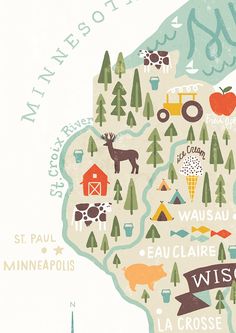 an illustrated map of wisconsin with trees, animals and other things in the country on it