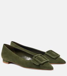 Maysalepumpflat suede ballet flats in green - Manolo Blahnik | Mytheresa Elegant Calf Leather Flats For Fall, Pointed Toe Suede Loafers With Leather Sole, Suede Loafers With Leather Sole And Pointed Toe, Chic Calf Leather Pointed Toe Flats For Office, Suede Ballet Flats For Fall, Chic Suede Ballet Flats With Round Toe, Chic Pointed Toe Flats In Calf Leather, Chic Calf Leather Pointed Toe Flats, Chic Pointed Toe Calf Leather Flats