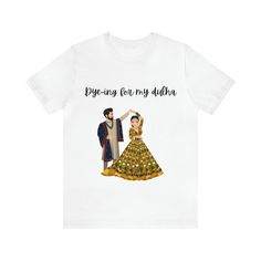 a white t - shirt with an image of a man and woman in traditional dress