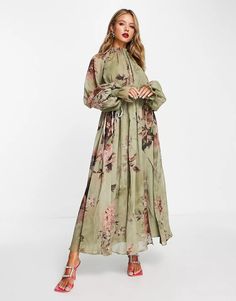 ASOS DESIGN high neck midi dress with channel detail in large scale floral | ASOS Elegant High Neck Maxi Dress For Spring, Chic Spring High-neck Maxi Dress, High Neck Midi Dress For Spring, Spring High Neck Midi Dress, High Neck Green Dress For Spring, Green High Neck Spring Dress, High Neck Midi Dress, Floral Trends, Large Scale Floral