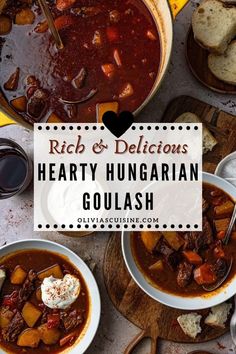 two bowls of hearty hungarian goulash with bread on the side