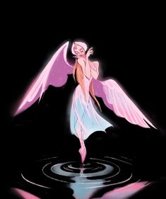 an angel is standing in the water with its wings spread out and her eyes closed