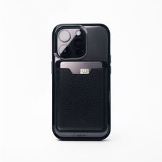 an iphone case with a credit card slot in the back and a camera attached to it