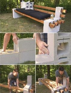 a man is building a bench out of cinder blocks