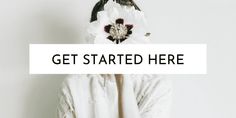 a woman in a white coat with flowers on her head and the words get started here