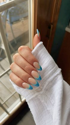 double french tip design, two blue/green shades Blue Nails White French Tip, Blue Green French Tip Nails, French Tips With Outline, Blue And Green French Tip Nails, Double Lined French Tip, Turquoise French Tips, Double Line French Tip Nails, Teal French Tip Nails, Two Color French Tip