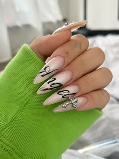 Long Almond Nail Ideas, Nails With Writing, Writing On Nails, Halloween Nails White, Long Almond Nails Designs, Cybersigilism Nails, Writing Nails, Nail Charm Designs, I Love Me Nails