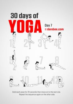 the 30 days of yoga day 7 is shown in black and white with red lettering