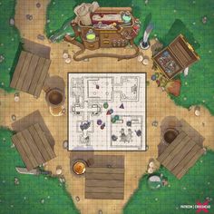 a game board with lots of furniture and items on it's surface, as well as a map