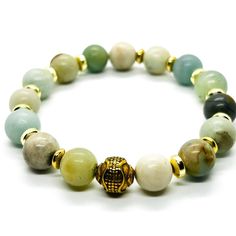 Genuine Amazonite Stretch Bracelet With Stainless Steel Gold Plated Charms Stone Bracelet, Stretch Bracelet, Stretch Bracelets, Womens Jewelry Bracelets, Onyx, Opal, Gold Plate, Charms, Plating