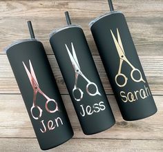 three personalized tumblers with scissors on them