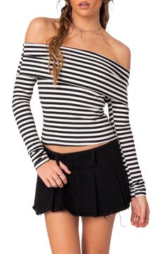 Allover stripes enliven this close-fitting top designed in a cropped, shoulder-baring silhouette with a folded neckline. Off-the-shoulder neck Long sleeves 95% cotton, 5% spandex Machine wash, dry flat Imported Chic Fitted Striped Tops, Trendy Fitted Tops With Contrast Stripes, Fitted Spring Tops With Contrast Stripes, Fitted Tops With Contrast Stripes For Spring, Fitted Black Top With Contrast Stripes, Black Fitted Top With Contrast Stripes, Chic Fitted Tops With Contrast Stripes, Striped Fitted Tops For Fall, Chic Fitted Top With Contrast Stripes