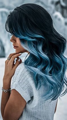 Dark Hair Color Ideas For Blue Eyes, Dark Blue Highlights In Brown Hair, Black Hair Balayage Highlights, Fun Dark Hair Color Ideas, Blue And Silver Hair, Black Hair With Blue Highlights, Blue And Black Hair, Hair Balayage Highlights, Hair Ideas For Brunettes