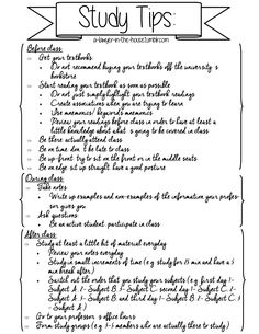 a black and white paper with the words study tips written in cursive writing