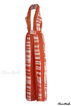 Olivia Mark - Exquisite Tangerine Red Patchwork Backless Halter Jumpsuit with Unique Print Design Chic Orange Beach Jumpsuits And Rompers, Chic Orange Jumpsuits And Rompers For Beach, Red Backless Jumpsuits And Rompers For Spring, Red Backless Spring Jumpsuits And Rompers, White Fashion Casual, Backless Jumpsuit, Halter Jumpsuit, Jumpsuit Online, Patchwork Designs