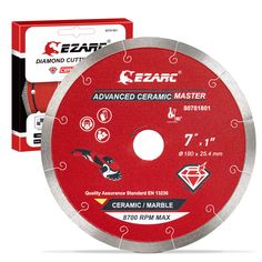 the diamond cutting disc is red and has white lettering on it, which reads ezbarc advanced ceramic master