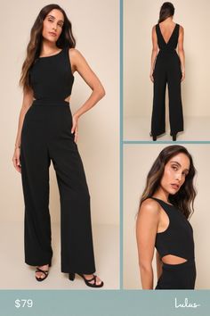 The Lulus Moments to Remember Black Sleeveless Wide-Leg Cutout Jumpsuit will have you falling head over heels in love! Lightweight woven ponte shapes this must-have jumpsuit that has a rounded neckline (with V-back) and fitted princess-seamed bodice featuring two sultry side cutouts. A high, banded waist tops flowy wide-cut pant legs to complete this stunner! Hidden back zipper/clasp. Fit: This garment fits true to size. Length: Floor length. Size medium measures 59.25" from shoulder to hem. Ins Summer Cutout Jumpsuits And Rompers For Date Night, Sleeveless Cutout Jumpsuit For Night Out, Summer Sleeveless Cutout Jumpsuits And Rompers, Cutout Jumpsuit, Rehearsal Dinner Outfits, Head Over Heels In Love, Jumpsuit Fitted, Flattering Outfits, Wedding Guest Style