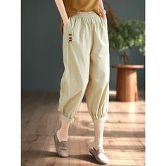 Women Summer Cottotton Solid Calf-length Harem Pants Casual Stretch Capris In Solid Color, Casual Solid Color Summer Harem Pants, Summer Cotton Solid Color Capris, Summer Solid Color Cotton Capris, Non-stretch Solid Color Casual Harem Pants, High Waist Solid Color Baggy Capris, Stretch Casual Harem Pants, Non-stretch Capris With Pockets, Spring Baggy Solid Color Pants