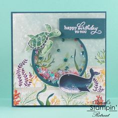 a happy birthday card with an image of a turtle and seaweed on the bottom