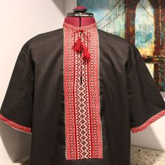 Mens Ukrainian Embroidered Shirt Handmade Black Linen Size L-Xl Is The Ukrainian Traditional Clothing Which Contains Elements Of Ukrainian Ethnic Embroidery. Usually, It Was Made Of Homemade Linen Which Was Produced By Loom. Local Features Are Usually Representated In The Shirt's Ornamental Pattern. The Art Of Embroidery In Ukraine Traces Its Roots Back To The Pre-Christian Period, It Has Centuries-Old History. It Is Proved By Results Of Archaeological Dig And Travellers' Documentary Evidence. Black Embroidered Short Sleeve Shirt, Traditional Black Embroidered Shirt, Traditional Short Sleeve Shirt With Multicolor Embroidery, Traditional Black Cotton Shirt, Traditional Cotton Tops With Contrast Embroidery, Ukrainian Traditional Clothing, Ornamental Pattern, Traditional Clothing, Mens Shirt