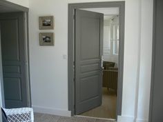 an open door leading to another room with white walls and grey doors on either side