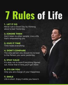 a man in a suit and tie standing next to a poster with the words 7 rules of life