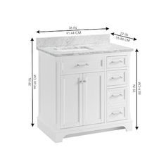 an image of a white bathroom vanity with drawers and two sinks on the front side