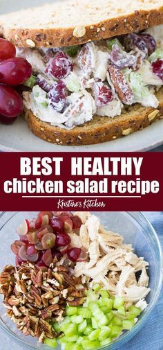 the best healthy chicken salad recipe with grapes, pecans and almonds in a glass bowl