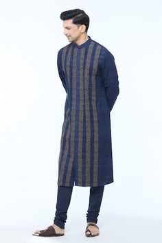 Navy blue full sleeves handloom silk kurta with striped Gul vine embroidery all over. Paired with a churidar. - Aza Fashions Indigo Cotton Silk Kurta For Eid, Festive Long Sleeve Indigo Kurta, Long Sleeve Indigo Kurta For Festive Occasions, Festive Long Sleeve Tussar Silk Kurta, Indigo Traditional Wear With Zari Work Long Sleeve, Designer Traditional Wear With Long Sleeves In Tussar Silk, Blue Silk Long-sleeved Traditional Wear, Tussar Silk Designer Kurta With Long Sleeves, Designer Tussar Silk Long Sleeve Kurta