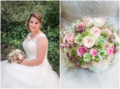 a woman in a wedding dress holding a bridal bouquet and smiling at the camera