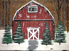 a painting of a red barn with trees and snow on the ground in front of it