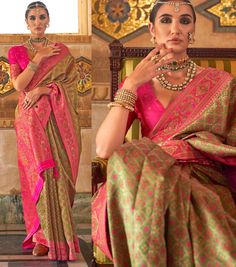 Green Pink Patola Style Saree with Designer Border and Pallu (Saree with Blouse) (Blouse) (Silk Sarees) ,party wear Saree with ready blouse Patola Print, Sarees Party Wear, Indian Dresses Online, Patola Sarees, Sari Blouse Designs, Blouse Silk, Party Wear Saree, Indian Bridal Wear, Silk Saree Blouse