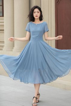 Elegant A-line Chiffon Dress For Spring, Chic Tea Length Bridesmaid Midi Dress, Spring Bridesmaid Midi Dress, Chic Tea-length Bridesmaid Midi Dress, Blue A-line Chiffon Evening Dress, Solid Color Midi-length Bridesmaid Dress, Solid Midi Length Bridesmaid Dress, Solid Color Midi Bridesmaid Dress, Blue Chiffon A-line Maxi Dress