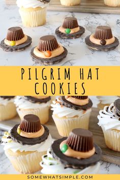 some cupcakes with frosting on them and the words pilgrim hat cookies above them