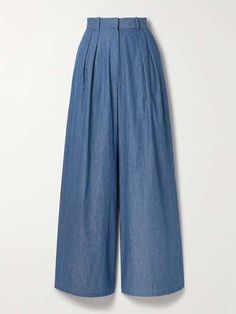 MIGUELINA River pleated cotton-chambray wide-leg pants | NET-A-PORTER Indigo Wide-leg Cotton Bottoms, Indigo Relaxed Fit Wide-leg Pants, Elegant Denim Blue Bottoms With Pockets, Elegant Wide-leg Denim Pants, Spring Indigo Wide Leg Bottoms, Indigo Wide Leg Bottoms For Spring, Elegant Wide-leg Denim Bottoms, Chic Relaxed Fit Medium Wash Bottoms, Chic Dark Wash Wide Leg Pants For Work