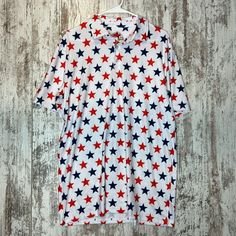 Proud 90 Red White And Blue Stars Golf Polo Shirt Mens Large New With Tags Casual Red Tops With Star Print, Red Short Sleeve Top With Star Print, Casual Red Top With Star Print, Casual Red Star Print Tops, Casual Short Sleeve Shirt With Star Print, Cotton Short Sleeve Shirt With Star Print, Patriotic Red Shirt With Relaxed Fit, Casual Star Print Short Sleeve Shirt, Patriotic Red Relaxed Fit Shirt