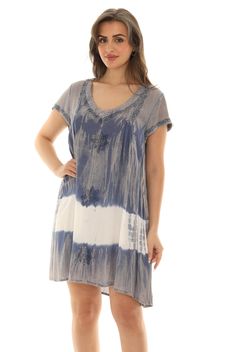 "Look and Stay comfy in this flowing short sleeves dress featuring an intricate tie-dye pattern, adorned with floral embroidery, featuring a curved hem for extra flair. This dress is lightweight, relaxed fitting, endlessly flattering, and perfect for comfortable casual summer wear. This summer dress is ideal for many events, such as an evening stroll, a late-night BBQ, a beach day, a vacation, a poolside relaxation, a boardwalk promenade, or just a cozy stay-at-home. It offers both comfort and s Summer Beach Dress, Washed, Washed Summer Beach Dress, Tie Dye Short Sleeve Dress, Casual Acid Wash Summer Dress, Boho Short Dress, Dress Plus Size Casual, Boho Dress Short, Short Sleeves Dress, Summer Tie Dye