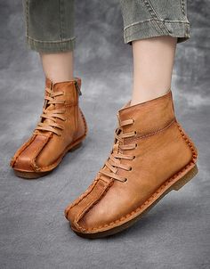 Lace-up Hand Stitch Leather Retro Boots — Obiono Obiono Shoes, Elegant Chunky Heels, Retro Boots, Hand Stitch, Women Shoes Online, Chunky Heels Sandals, Retro Shoes, Leather Shoes Woman, Winter Boots Women