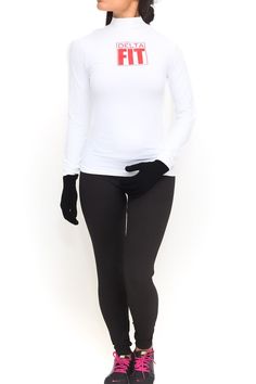 Ladies, let's face it... it gets cold outside! Well, playing off the success of its sister item, the jacket, this uber cute top is here to help on those chilly mornings you're headed out for a 5K jog or those cold late nights you're about to hit the track or head to the gym. You want to get FIT not sick, right? Our new turtleneck is tapered in its midsection so it will be form fitting to your body to keep out cold air pockets from your skin. Moisture wicking material will help you when you sweat Casual Winter Tops With Thumbholes, Winter White Turtleneck Top, Fitted Sportswear Tops For Winter, Winter Fitted Sportswear Tops, Fitted Winter Sportswear Tops, High Stretch White High Neck Top, High Stretch White Winter Tops, White High Stretch High Neck Tops, High Stretch White Tops For Winter