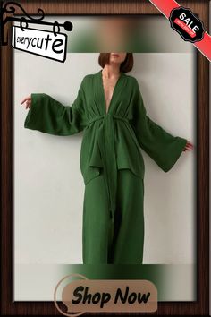 Spring Deep V Neck Belted Cardigan and Wide Leg Pants Suit Women Solid Loose Homewear Sets Autumn Long Sleeve Two-pieces Outfits Spring Solid Color Long Sleeve Pantsuit, Casual Two-piece Long Sleeve Pantsuit, Two-piece V-neck Workwear Set, Solid Matching Pant Set For Spring, Spring Solid Color Matching Pant Set, Spring Long Sleeve Two-piece Pantsuit, Casual Green Long Sleeve Pantsuit, Green Matching Set For Fall, Fall Green Matching Set