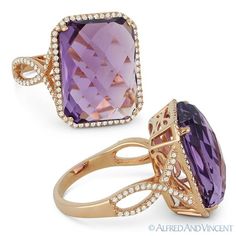 The featured ring is cast in 14k rose gold and showcases a checkerboard cushion purple amethyst gemstone accentuated by round cut diamonds set along the rectangle halo & halfway along the bands. Your purchase will include a 30-Day Exchange or Money Back Guarantee, Free US Shipping, & Free Resizing. Please email us if you need any more info regarding this listing. Size: one size.  Gender: female.  Age Group: adult. Amethyst Jewellery, Color Rings, Colored Stone Rings, Solitaire Pendant Necklace, Purple Jewelry, Diamond Jewelry Designs, Diamond Cocktail Rings, Amethyst Jewelry, Charm Rings