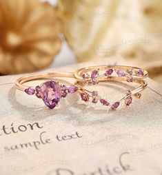 Bridal Set Details Vintage Amethyst Engagement Ring Set, Pear Cut Amethyst Ring Rose Gold, Natural Amethyst Ring, Cluster Ring, Ring Enhancer, Wrap Ring Ring#:NC1017/NC16288 Engagement Ring Center stone: Amethyst Shape: Pear cut 6*8mm Side stones:  Amethyst Size/weight:2*4 mm Marquise cut 0.26ct Wedding Band Stones:  Amethyst Marquise cut 1.5*3mm Custom orders are most welcome! Please feel free to ask for any item, any adjustments or anything else you want me to make. Rush order Orders can be ex Amethyst Engagement Ring And Wedding Band, Amethyst Rings Vintage, Wedding Rings Engagement Purple, Rings Engagement Amethyst, Rose Gold Amethyst Ring, Gold And Amethyst Ring, Amethyst Engagement Ring Rose Gold, Saphire Engament Ring Purple, Lavender Amethyst Ring