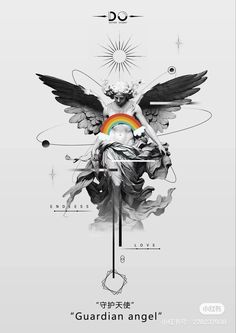 a poster with an angel and rainbow in the middle, on top of a white background