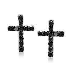 Ross-Simons - .10 ct. t. w. Black Diamond Cross Earrings in Sterling Silver. These .10 ct. t. w. round brilliant-cut black diamond cross earrings offer a bold and modern take on a classic religious symbol. Crafted in polished sterling silver. Black rhodium. Post/clutch, black diamond cross earrings. Diamond birthstones are the perfect gift for April birthdays. Cross Earrings Aesthetic, Black Cross Earrings, Diamond Cross Earrings, Earrings Aesthetic, April Birthday, Diamond Birthstone, Religious Symbols, Clutch Black, Earrings Diamond