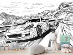 a drawing of a sports car driving down a road with mountains in the background and clouds above